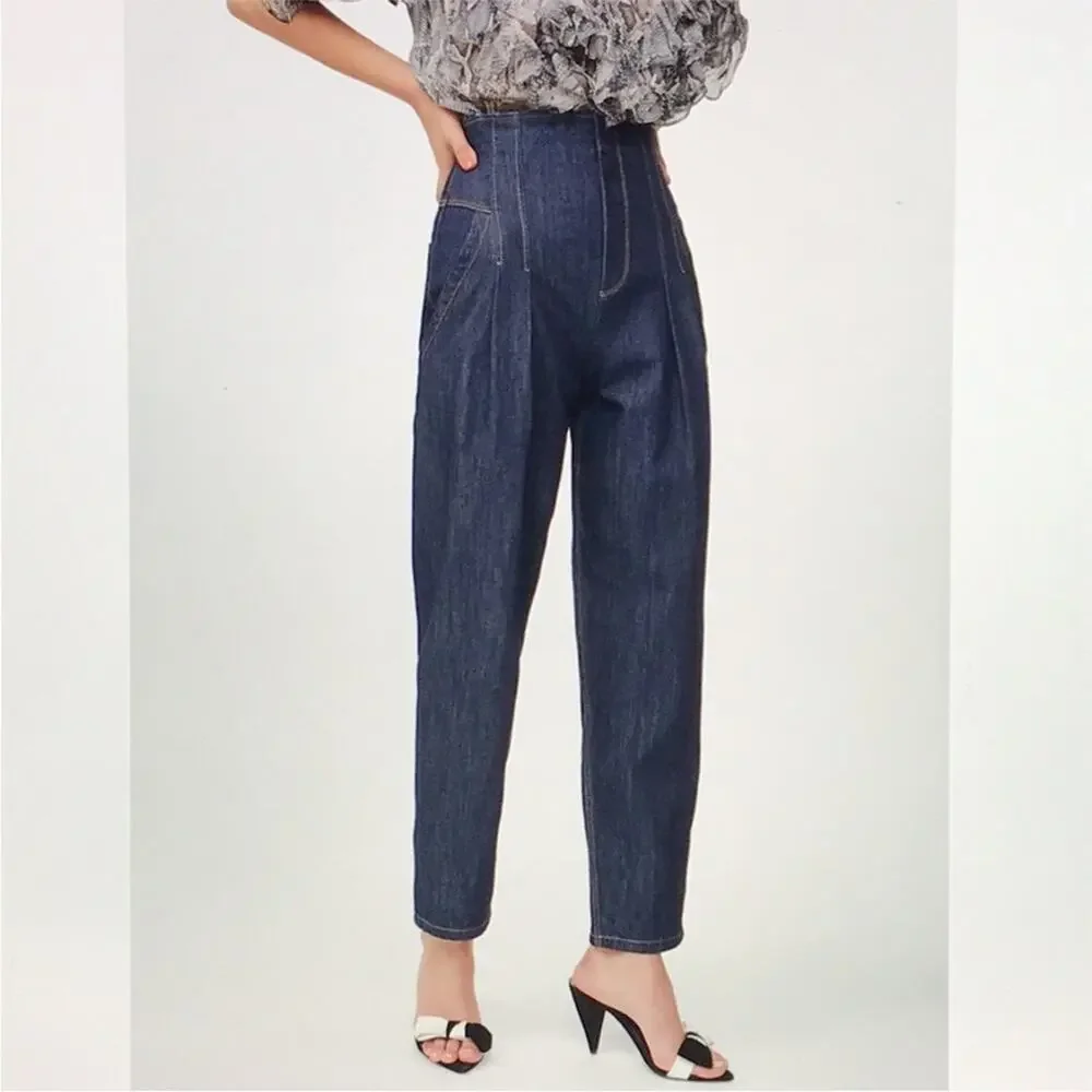 La Vie Rebecca Taylor Pleated High Rise Jeans Dark Indigo Wash 26